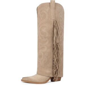 Women's Nude Knee High Fold Over Fringe Western Embroidery Pointy Toe Chunky
